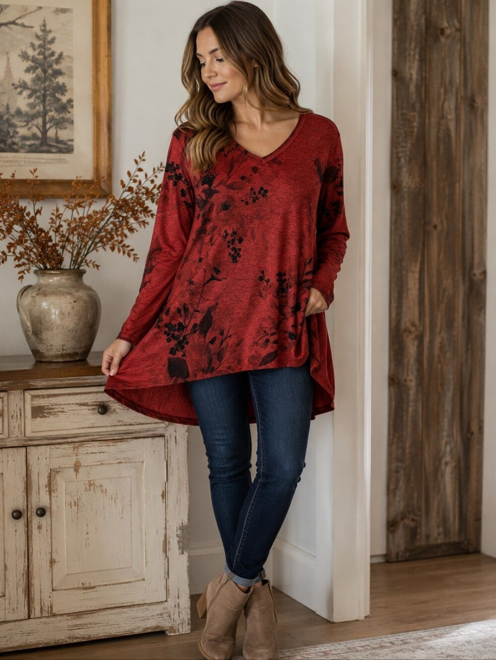 JESS & JANE Tunic Top Womens Plus 1X Red Floral V Neck Swing Boho Artsy Lagen